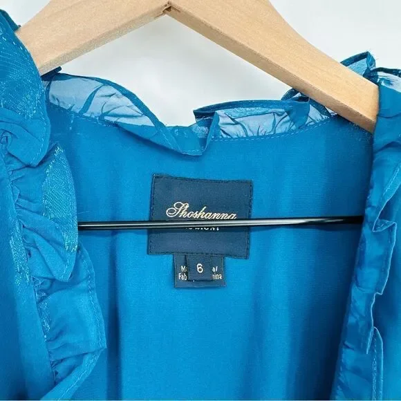 Shoshanna Maxine Metallic Midi Dress Ruffled in Dark Cerulean Blue Women's 6 NEW